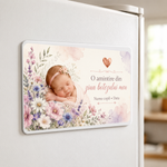 Mărturie de botez fetiță – Magnet de frigider personalizat 9 × 5,5 cm cu fotografie și flori pastel