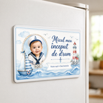 Mărturie de botez băiețel – Magnet de frigider personalizat 9 × 5,5 cm cu tematică marină