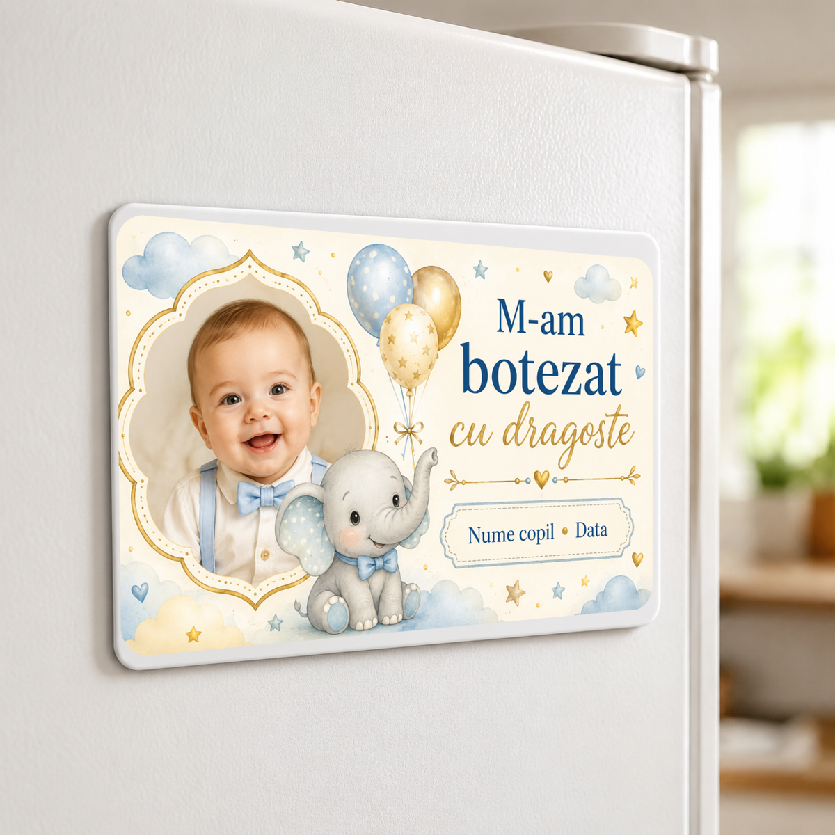 Mărturie de botez băiețel – Magnet de frigider personalizat 9 × 5,5 cm cu elefănțel, baloane și fotografie
