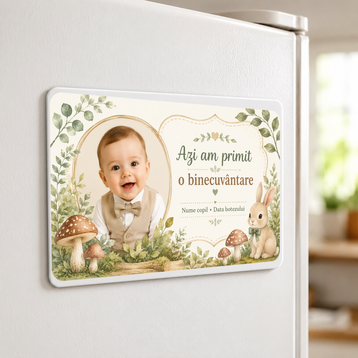 Mărturie de botez băiețel – Magnet de frigider personalizat 9 × 5,5 cm cu iepuraș și tematică de pădure