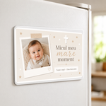Mărturie de botez băiețel – Magnet de frigider personalizat 9 × 5,5 cm cu fotografie și design minimalist bej