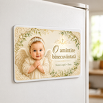 Mărturie de botez fetiță – Magnet de frigider personalizat 9 × 5,5 cm „O amintire binecuvântată”