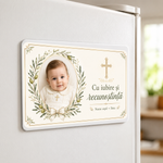 Mărturie de botez personalizată – Magnet de frigider 9 × 5,5 cm cu fotografie, ramuri de măslin și cruce aurie