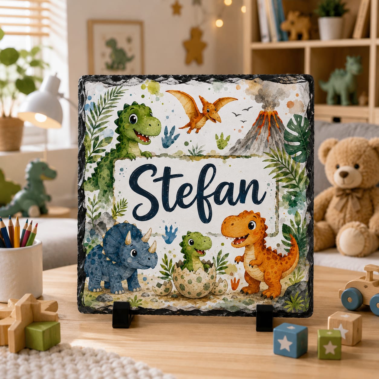 Placă ardezie personalizată pentru băieți, 20 × 20 cm – model cu dinozauri