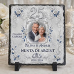 Placă Ardezie Personalizată 20×20 cm – 25 Ani de Căsătorie, Nunta de Argint, cu Poză și Nume
