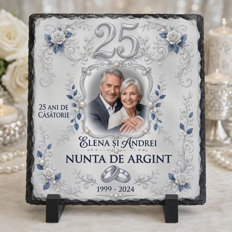 Placă Ardezie Personalizată 20×20 cm – 25 Ani de Căsătorie, Nunta de Argint, cu Poză și Nume