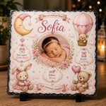 Placă ardezie personalizată pentru nou-născut, 20 × 20 cm – model roz cu datele nașterii