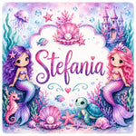 Placă ardezie personalizată pentru fetiță, 20 × 20 cm – model cu sirene și nume