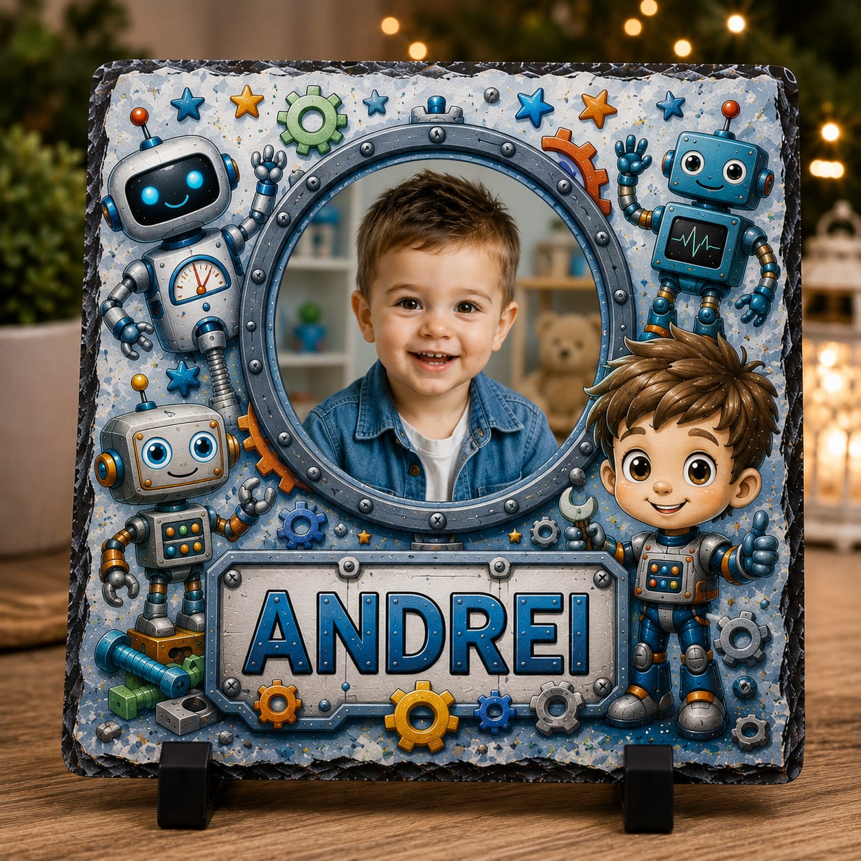 Placă ardezie personalizată pentru băieți, 20 × 20 cm – model cu roboți