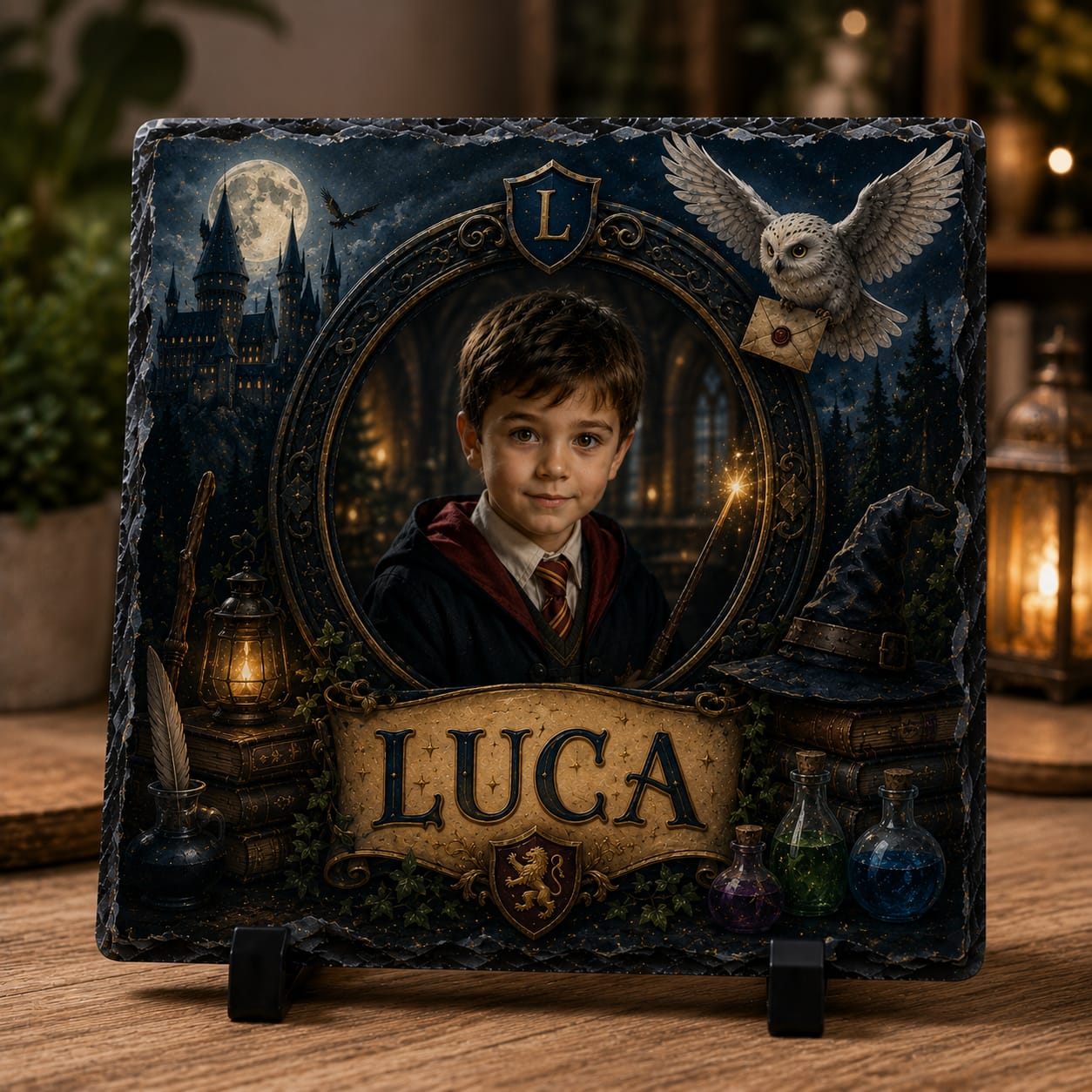 Placă ardezie personalizată pentru băieți, 20 × 20 cm – model școală de magie