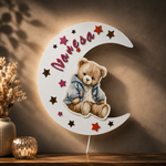 Lampă de veghe LED personalizată cu nume – Lună și ursuleț | 35 cm | Lumină caldă/rece reglabilă
