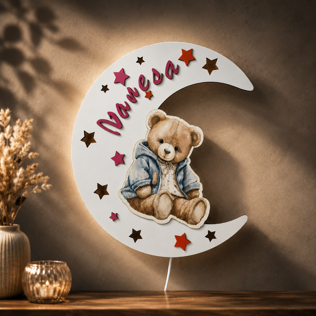 Lampă de veghe LED personalizată cu nume – Lună și ursuleț | 35 cm | Lumină caldă/rece reglabilă
