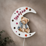 Lampă de veghe LED personalizată cu nume – Lună și ursuleț | 35 cm | Lumină caldă/rece reglabilă