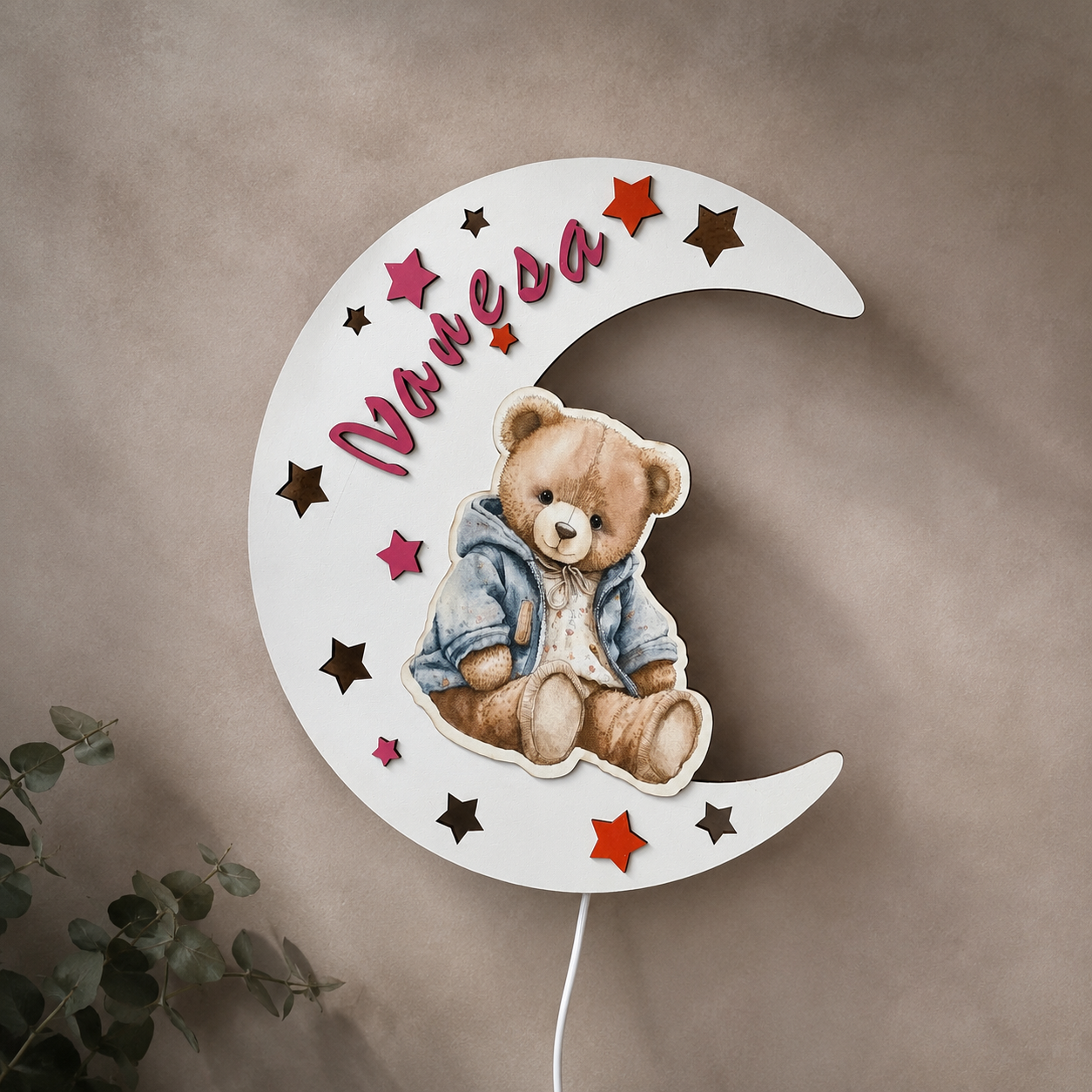 Lampă de veghe LED personalizată cu nume – Lună și ursuleț | 35 cm | Lumină caldă/rece reglabilă