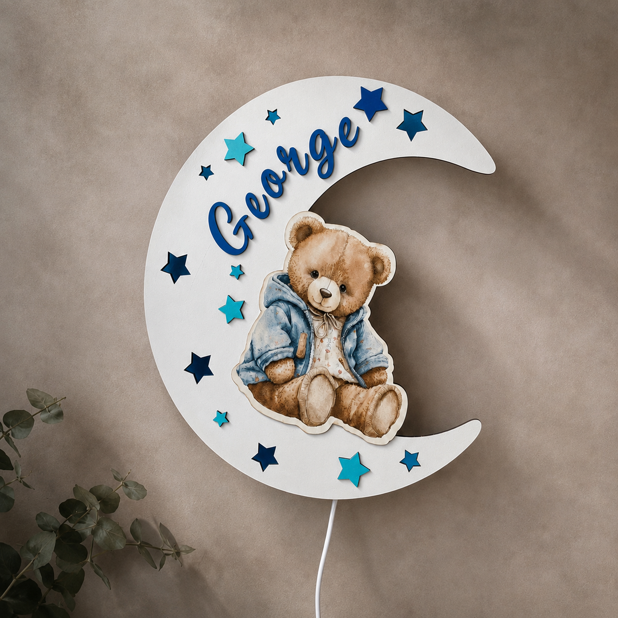 Lampă de veghe LED personalizată cu nume – Lună și ursuleț albastru | 35 cm | Lumină reglabilă