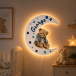 Lampă de veghe LED personalizată cu nume – Lună și ursuleț albastru | 35 cm | Lumină reglabilă
