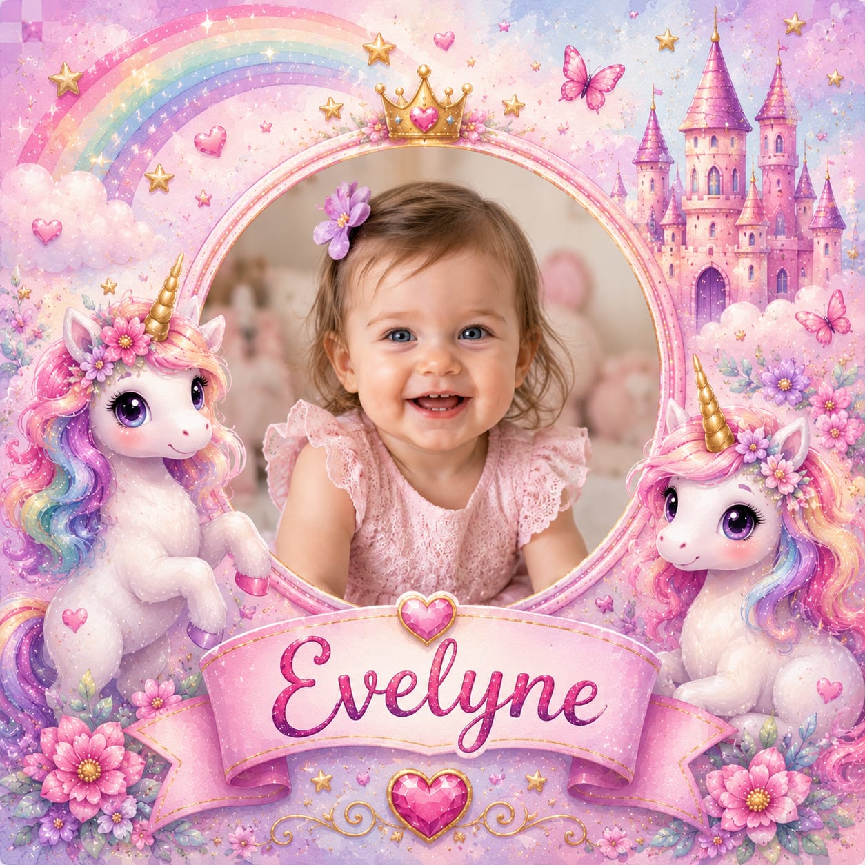 Placă ardezie personalizată pentru fetiță, 20 × 20 cm – model prințesă cu unicorni