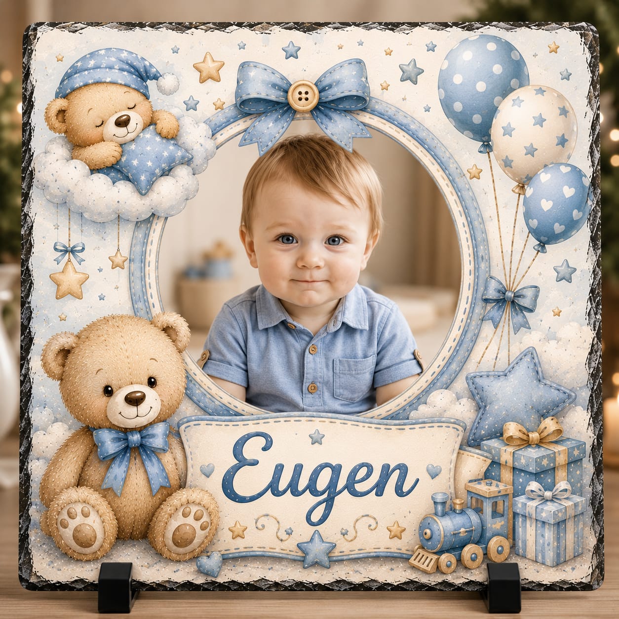Placă ardezie personalizată pentru băiețel, 20 × 20 cm – model cu ursuleți și baloane
