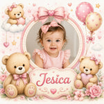 Placă ardezie personalizată pentru fetiță, 20 × 20 cm – model cu ursuleți roz