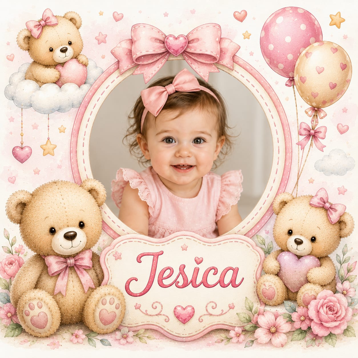 Placă ardezie personalizată pentru fetiță, 20 × 20 cm – model cu ursuleți roz