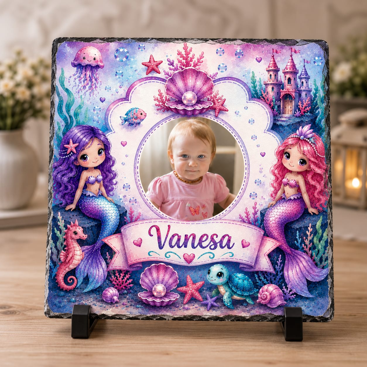Placă ardezie personalizată pentru fetiță, 20 × 20 cm – model cu sirene