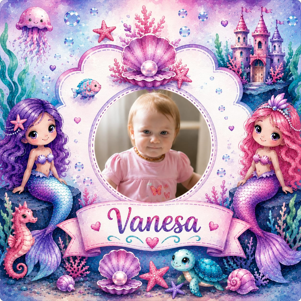 Placă ardezie personalizată pentru fetiță, 20 × 20 cm – model cu sirene
